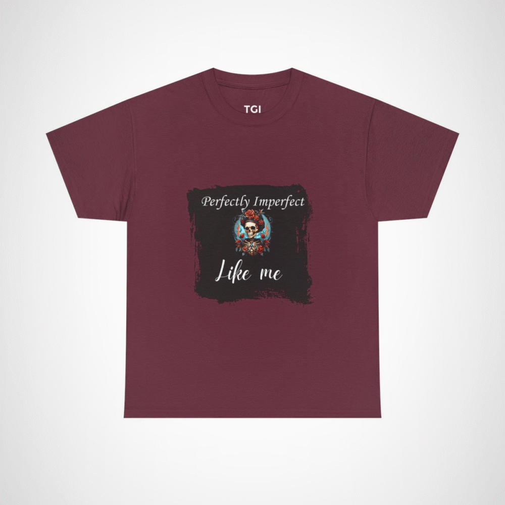 Perfectly Imperfect Skull T-Shirt featuring a skull adorned with roses Maroon colour
