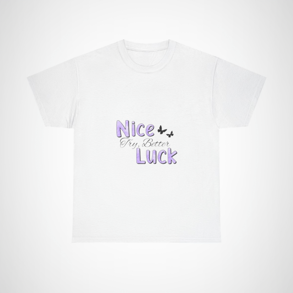 Nice Luck Positive Vibes T-Shirt in soft purple shades, featuring uplifting typography White colour