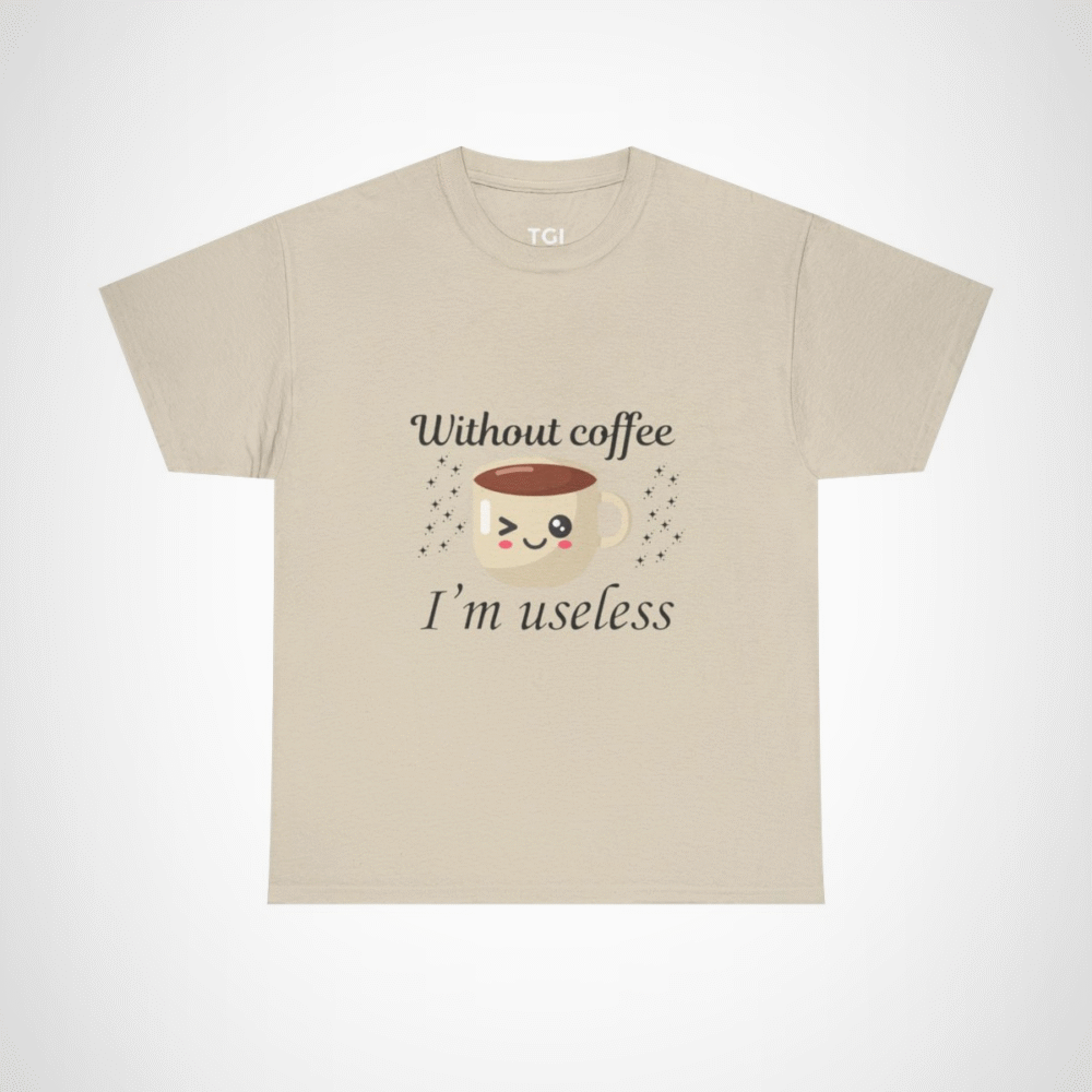 Winking coffee cup design on a soft t-shirt Sand colour