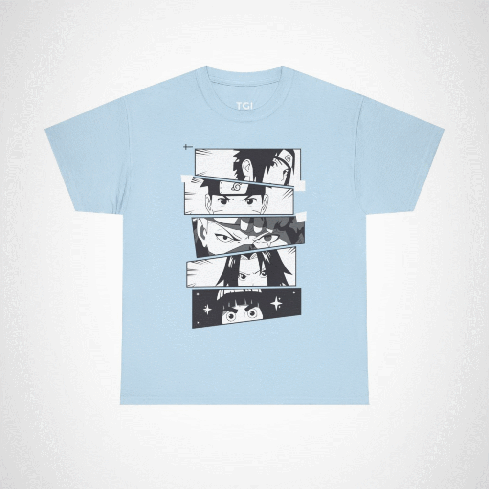Vibrant anime faces collage on cotton t-shirt Light Blue colour