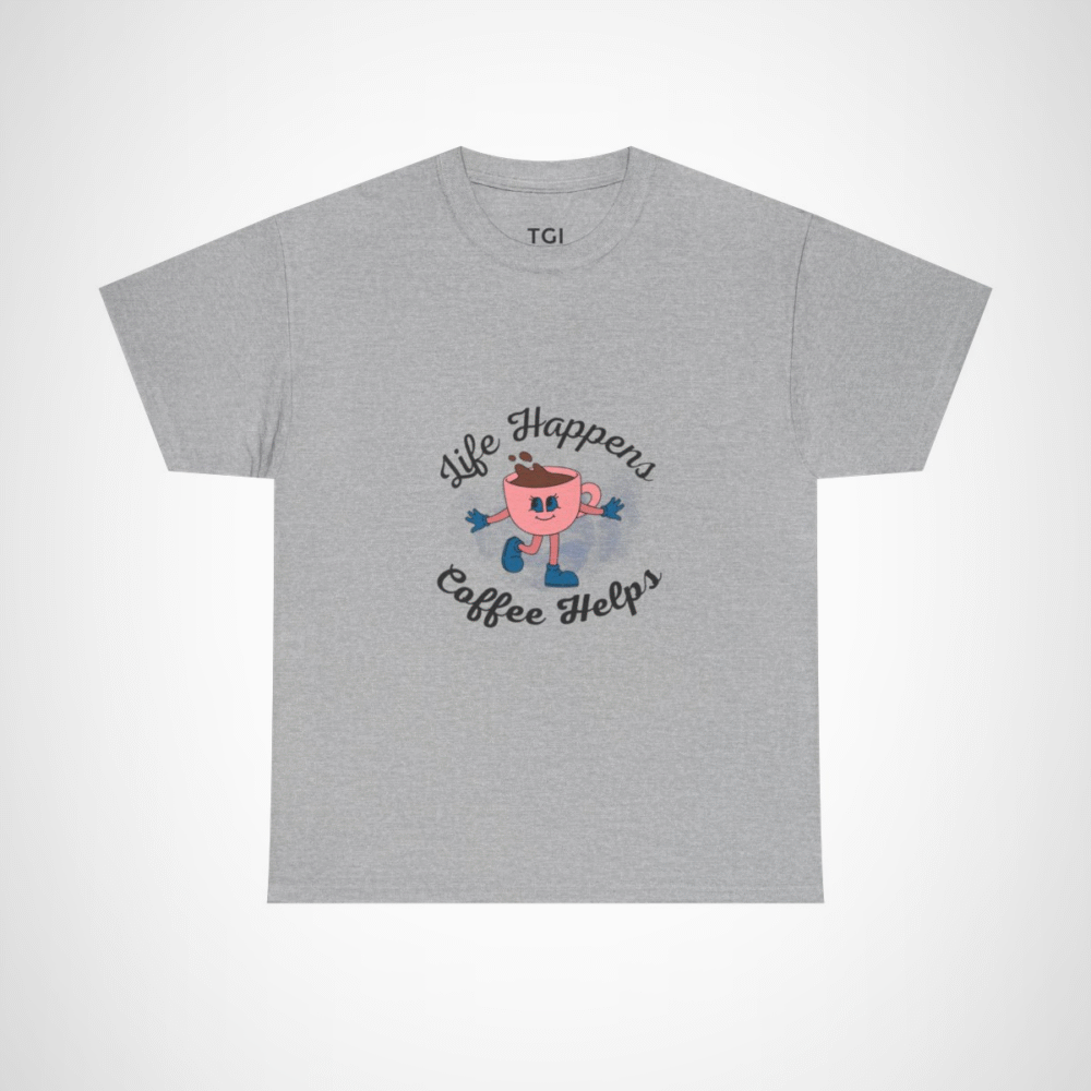 Cute Coffee Cup graphic on a t-shirt saying 'Life Happens, Coffee Helps' Sport Grey colour