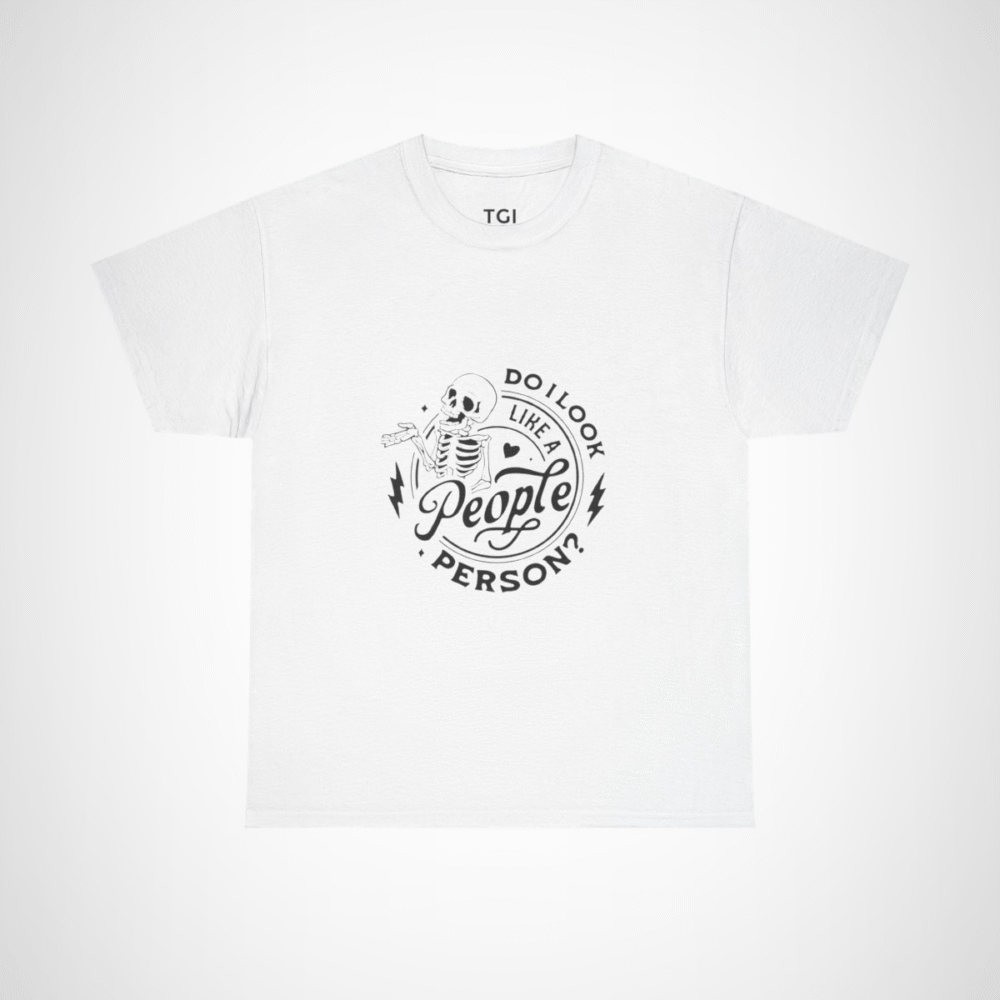 Funny Skeleton T-Shirt with the quote 'Do I Look Like A People Person?' White colour