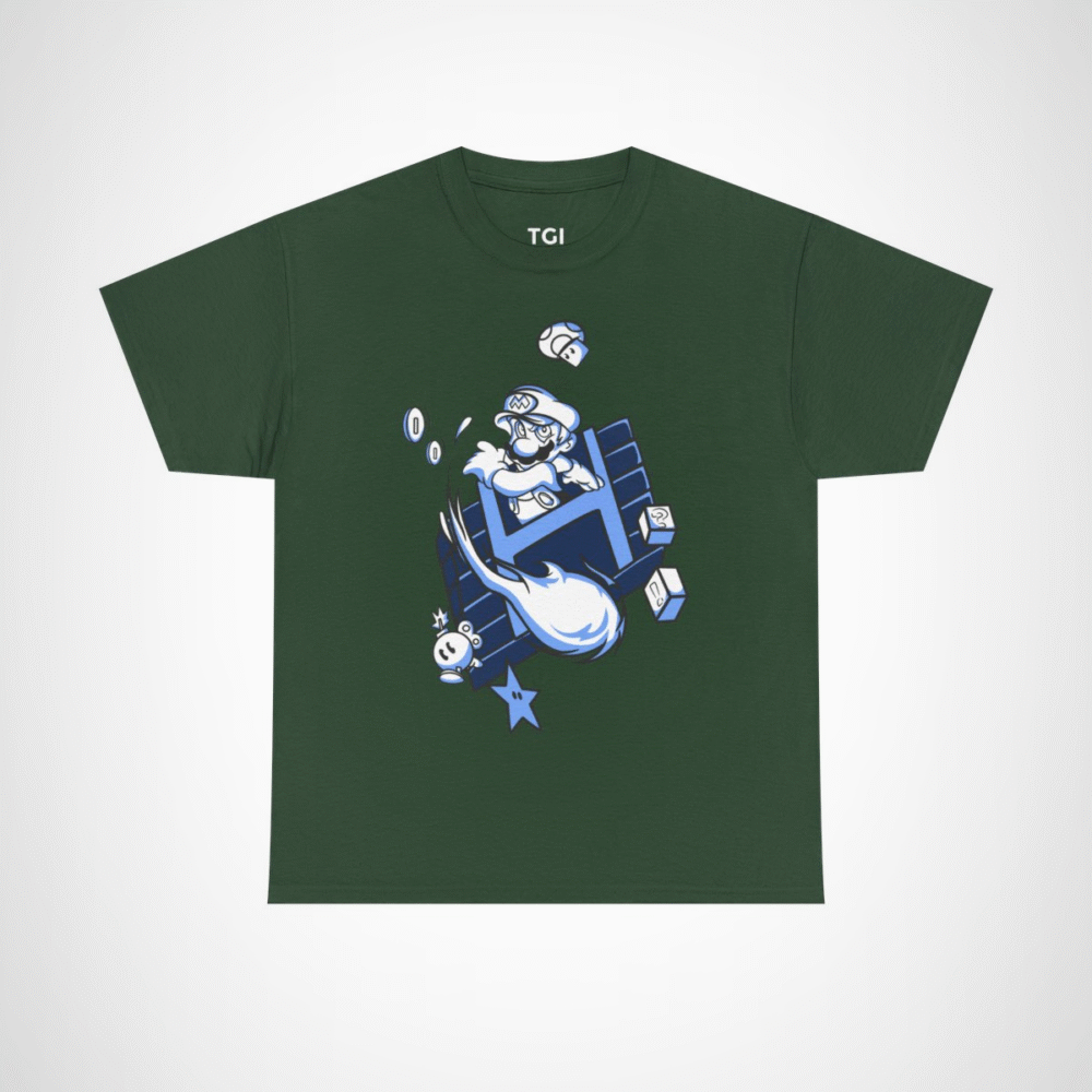 Retro Gamer Mario T-Shirt with vibrant design and gaming elements Forest Green colour
