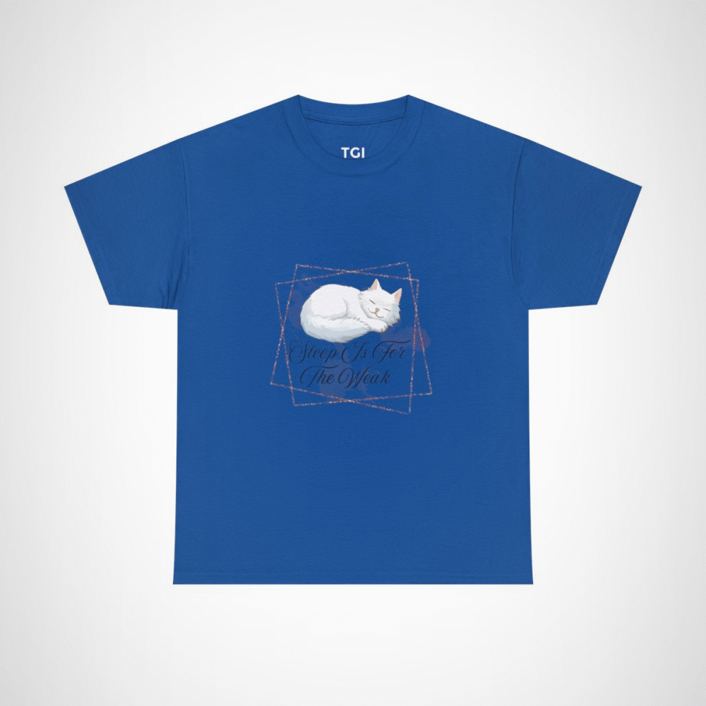 Cute cat sleeping on a t-shirt with the phrase 'Sleep Is For The Weak' for cat lovers Royal colour