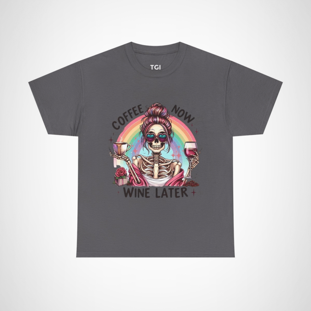 Funny Coffee Now, Wine Later Skeleton T-Shirt with vibrant rainbow design Charcoal colour