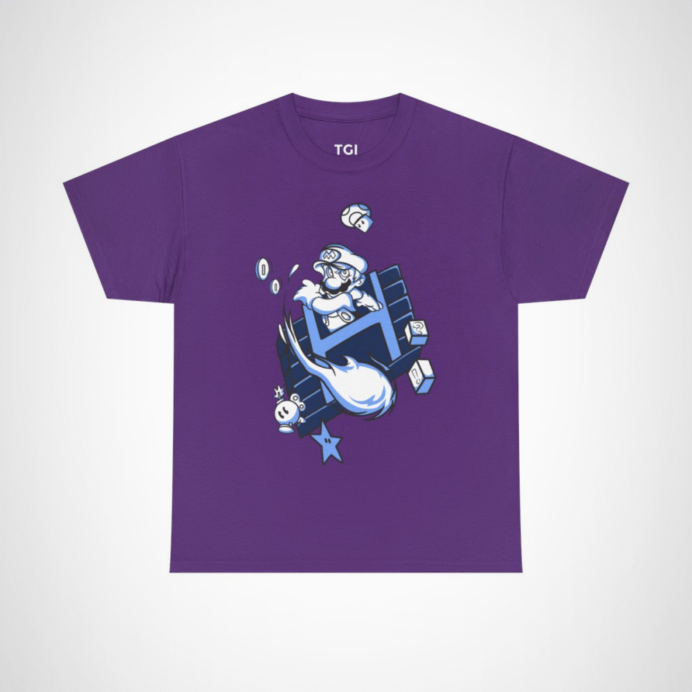 Retro Gamer Mario T-Shirt with vibrant design and gaming elements Purple colour