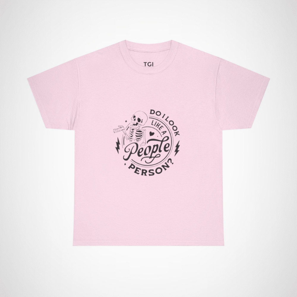 Funny Skeleton T-Shirt with the quote 'Do I Look Like A People Person?' Light Pink colour