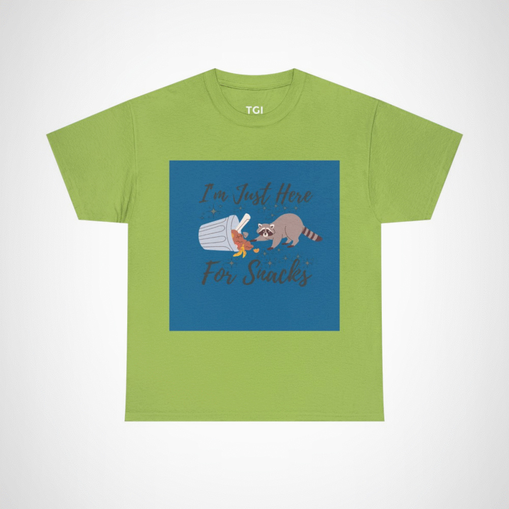 Adorable raccoon design on I'm Just Here for Snacks t-shirt Kiwi colour