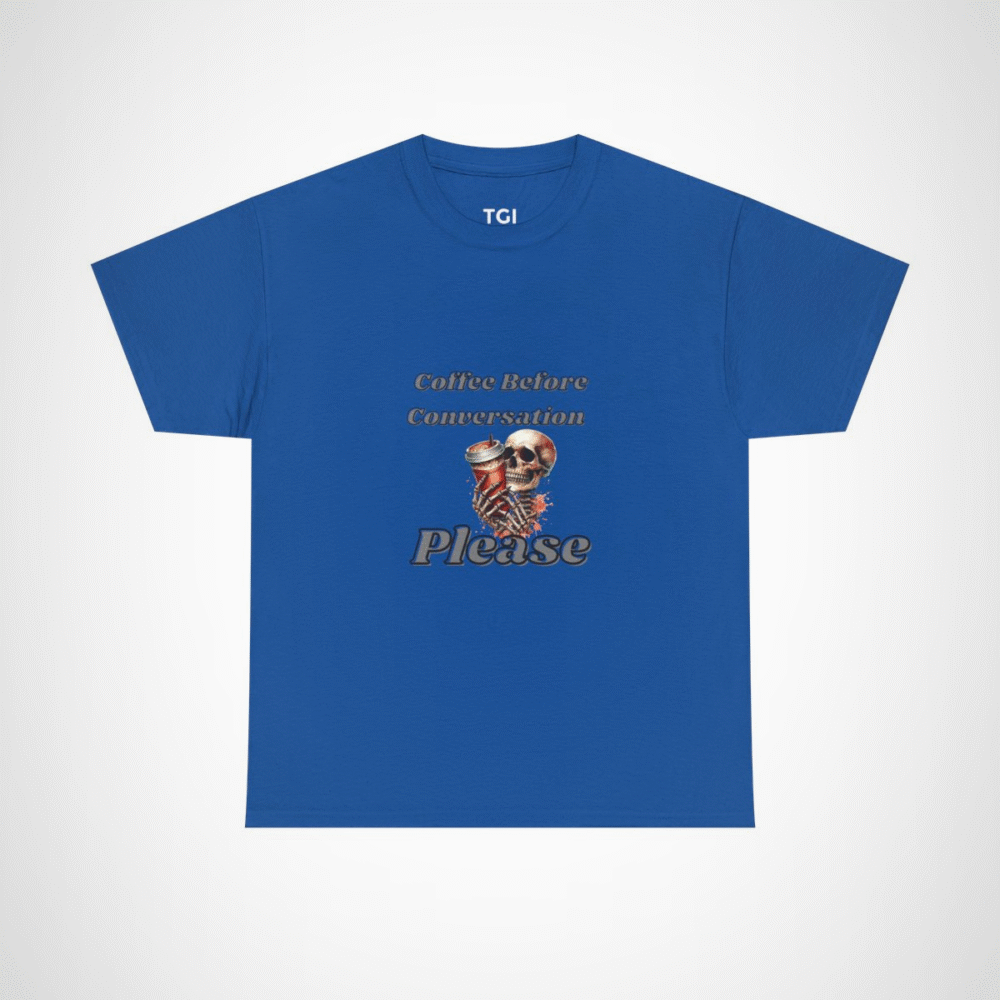 Skull design holding a coffee cup on a t-shirt for coffee lovers Royal colour