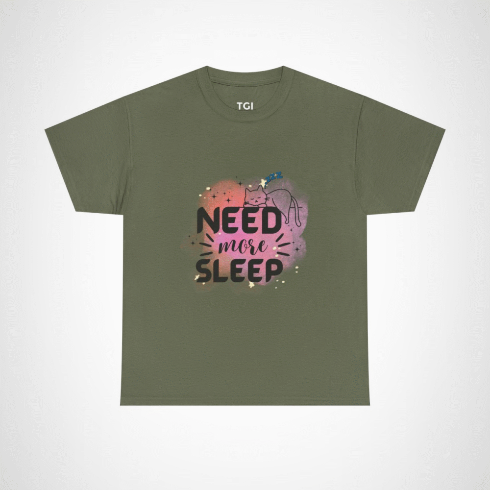 Need More Sleep Cat T-Shirt featuring a snoozing cat design Military Green colour