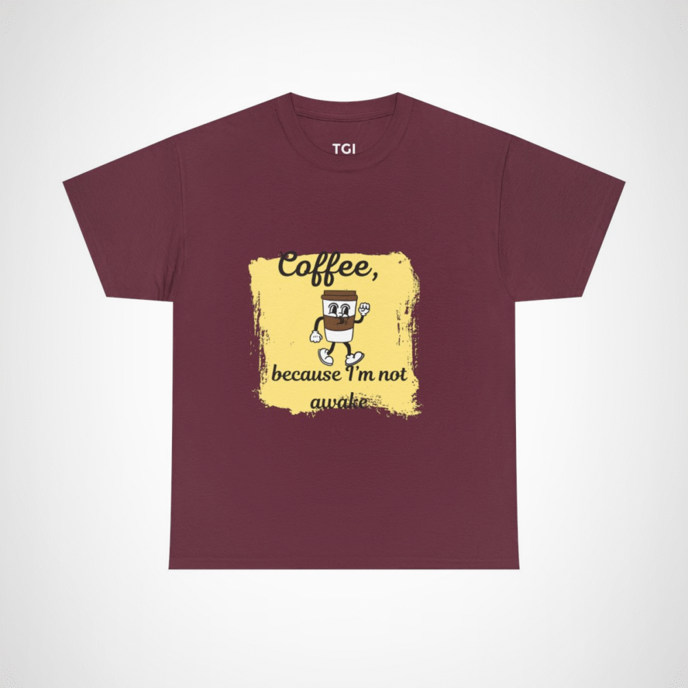 Coffee Lover's Tee with a whimsical coffee cup design Maroon colour