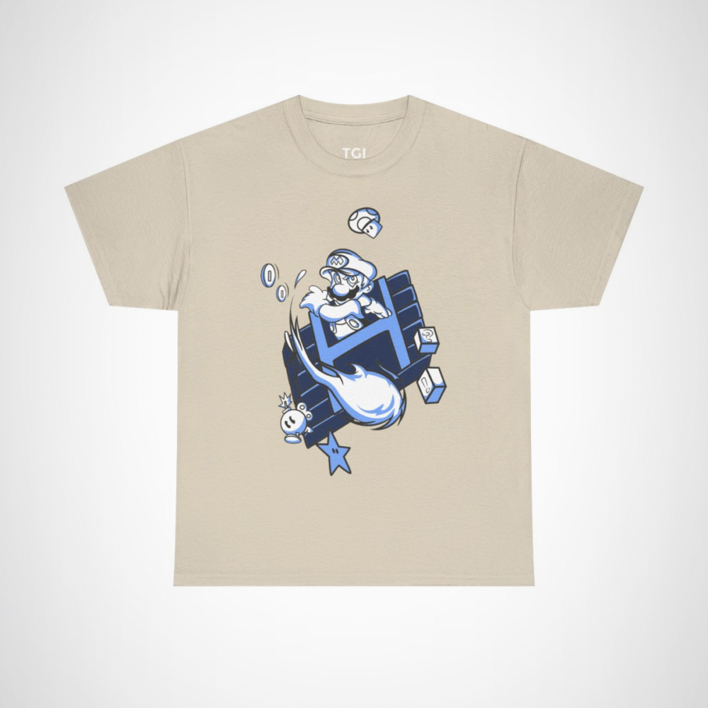 Retro Gamer Mario T-Shirt with vibrant design and gaming elements Sand colour