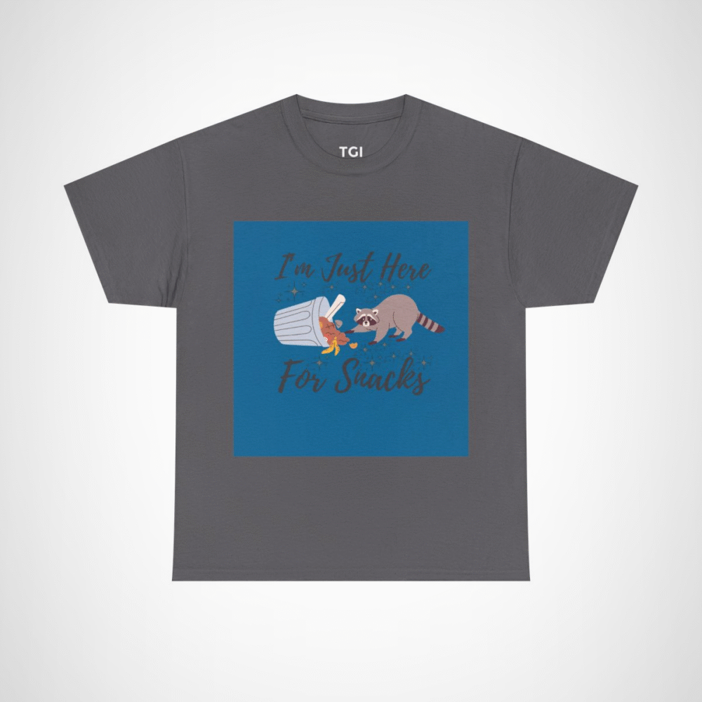Adorable raccoon design on I'm Just Here for Snacks t-shirt Charcoal colour