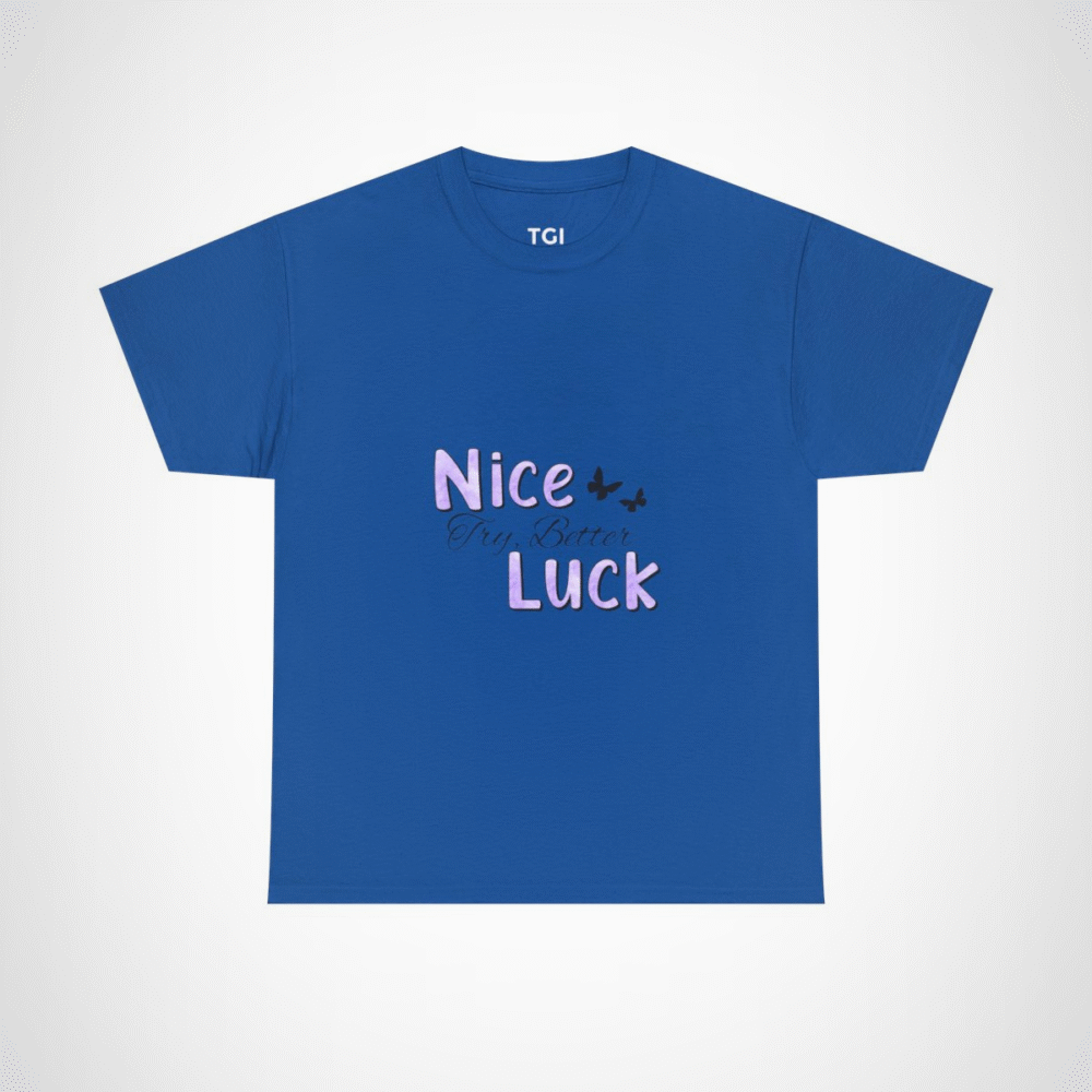 Nice Luck Positive Vibes T-Shirt in soft purple shades, featuring uplifting typography Royal colour