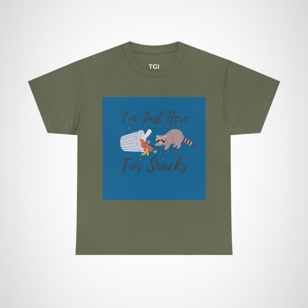 Adorable raccoon design on I'm Just Here for Snacks t-shirt Military Green colour