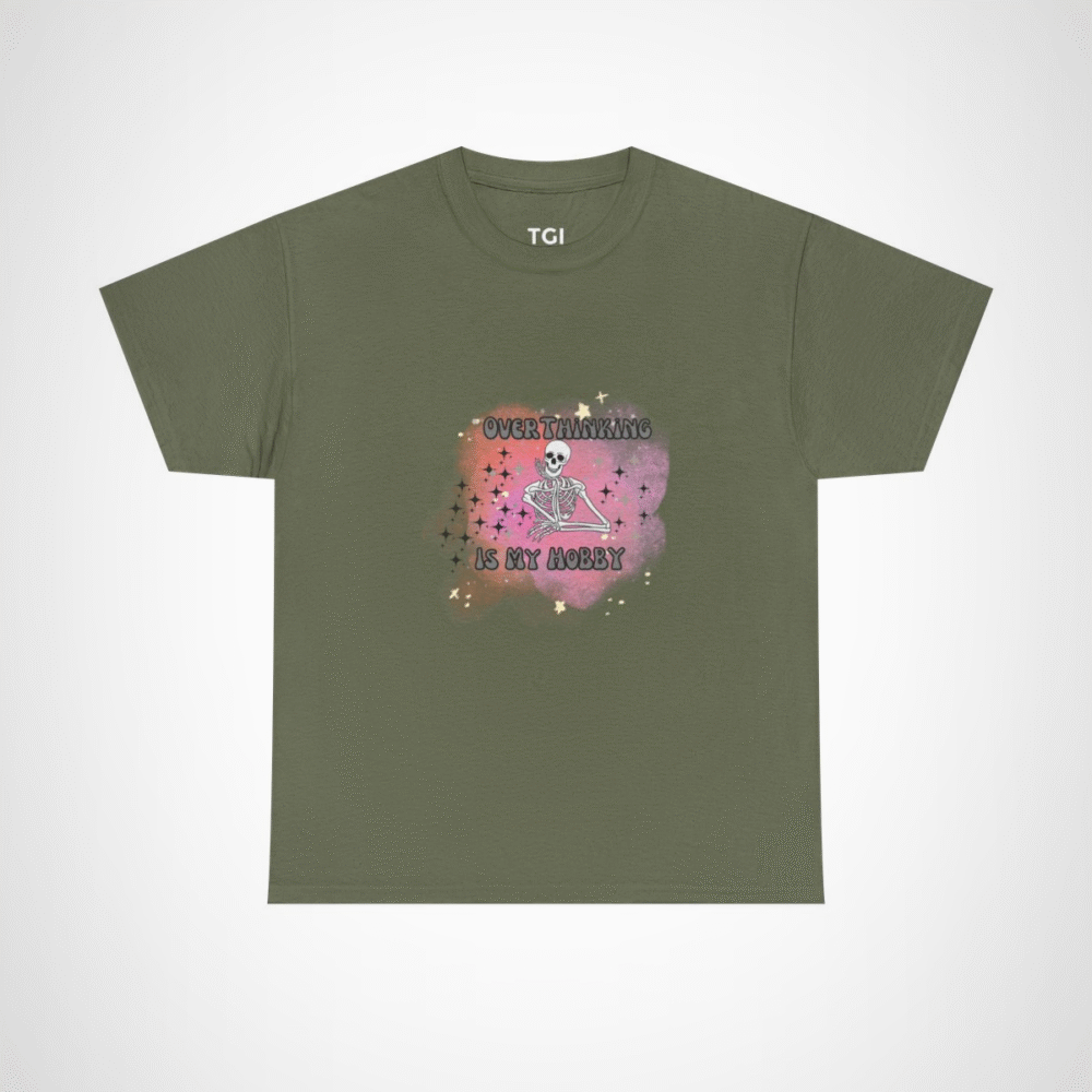 Funny 'Overthinking Is My Hobby' Skeleton T-Shirt for casual wear Military Green colour