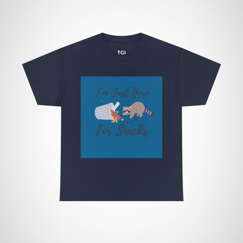 Adorable raccoon design on I'm Just Here for Snacks t-shirt Navy colour