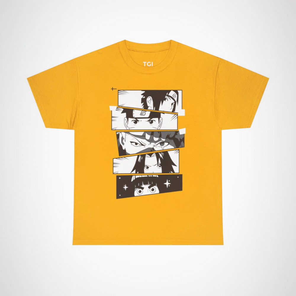 Vibrant anime faces collage on cotton t-shirt Gold colour