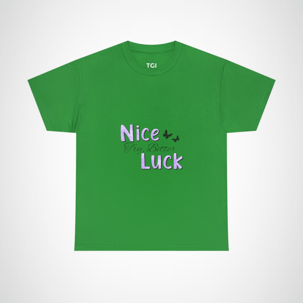 Nice Luck Positive Vibes T-Shirt in soft purple shades, featuring uplifting typography Irish Green colour