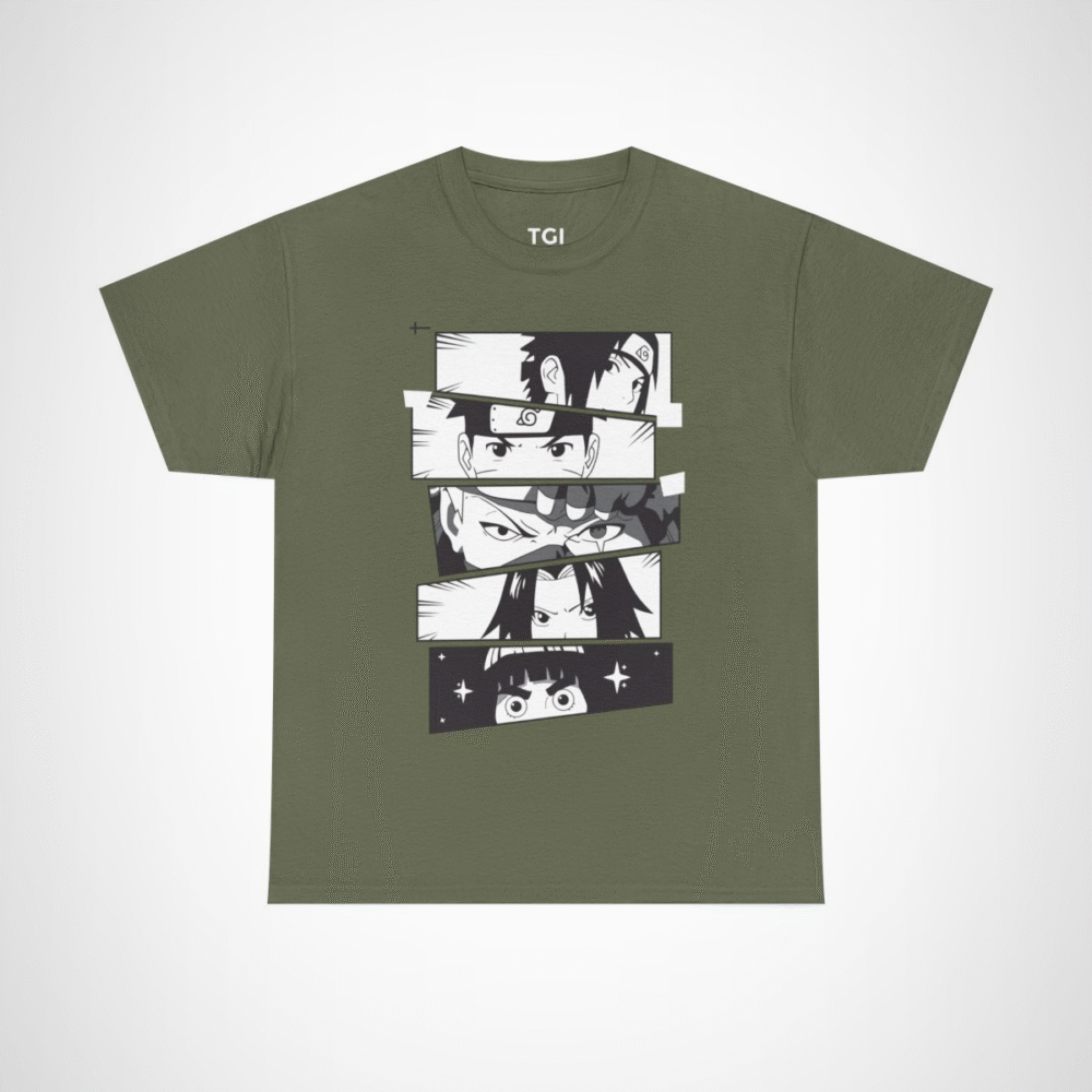 Vibrant anime faces collage on cotton t-shirt Military Green colour