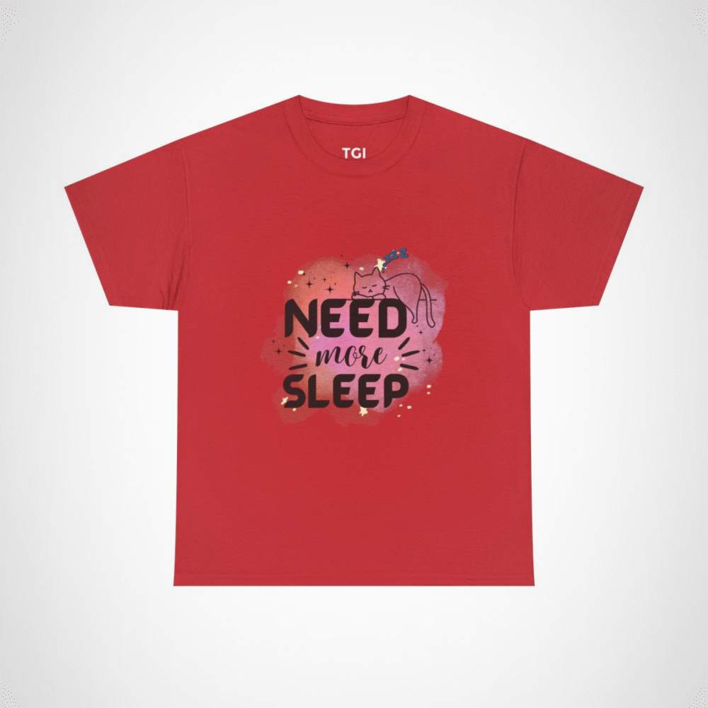 Need More Sleep Cat T-Shirt featuring a snoozing cat design Red colour