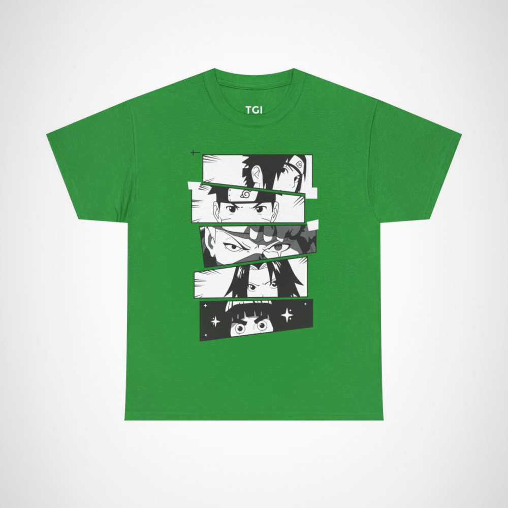 Vibrant anime faces collage on cotton t-shirt Irish Green colour