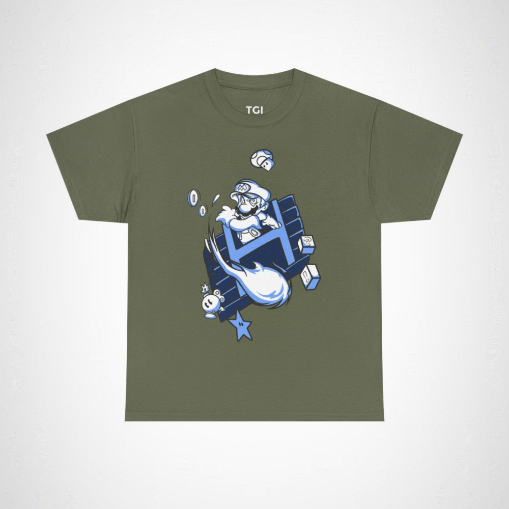 Retro Gamer Mario T-Shirt with vibrant design and gaming elements Military Green colour