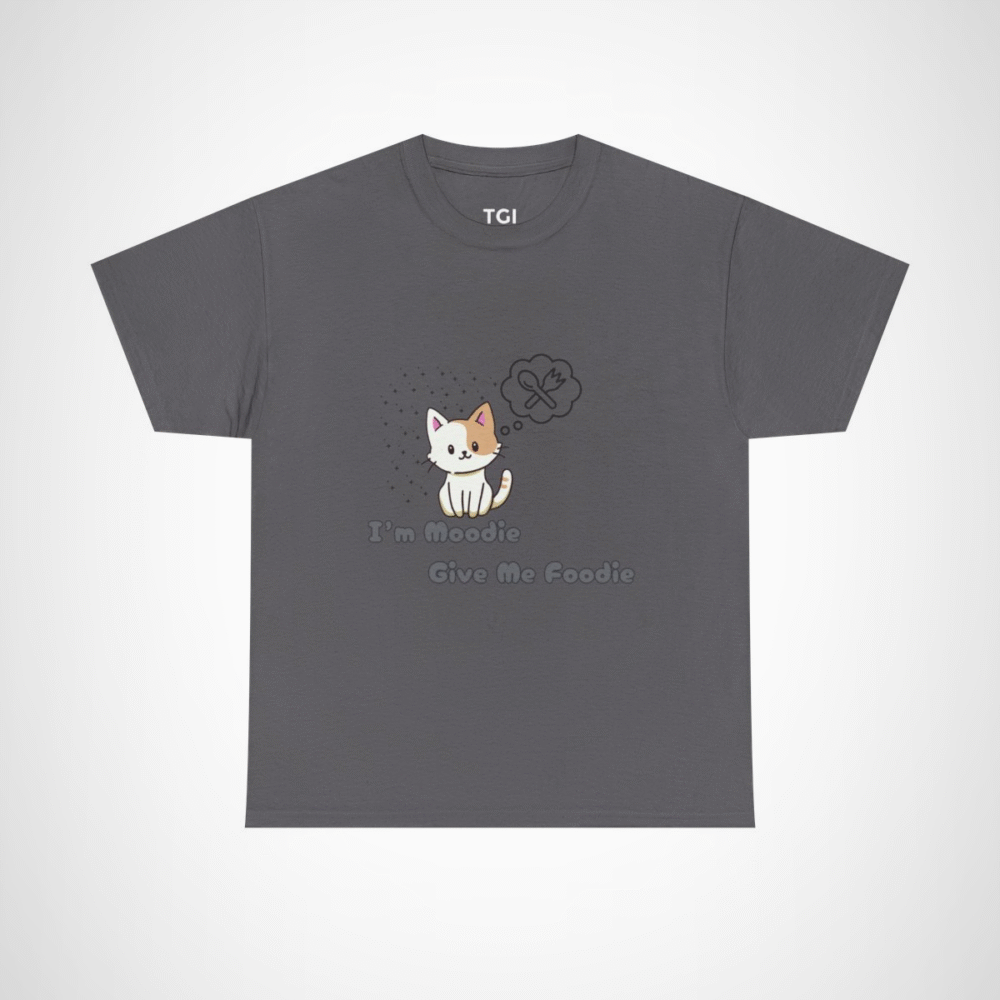 Cute 'I'm Moodie, Give Me Foodie' cat t-shirt for pet lovers, showcasing a playful design and soft fabric Charcoal colour