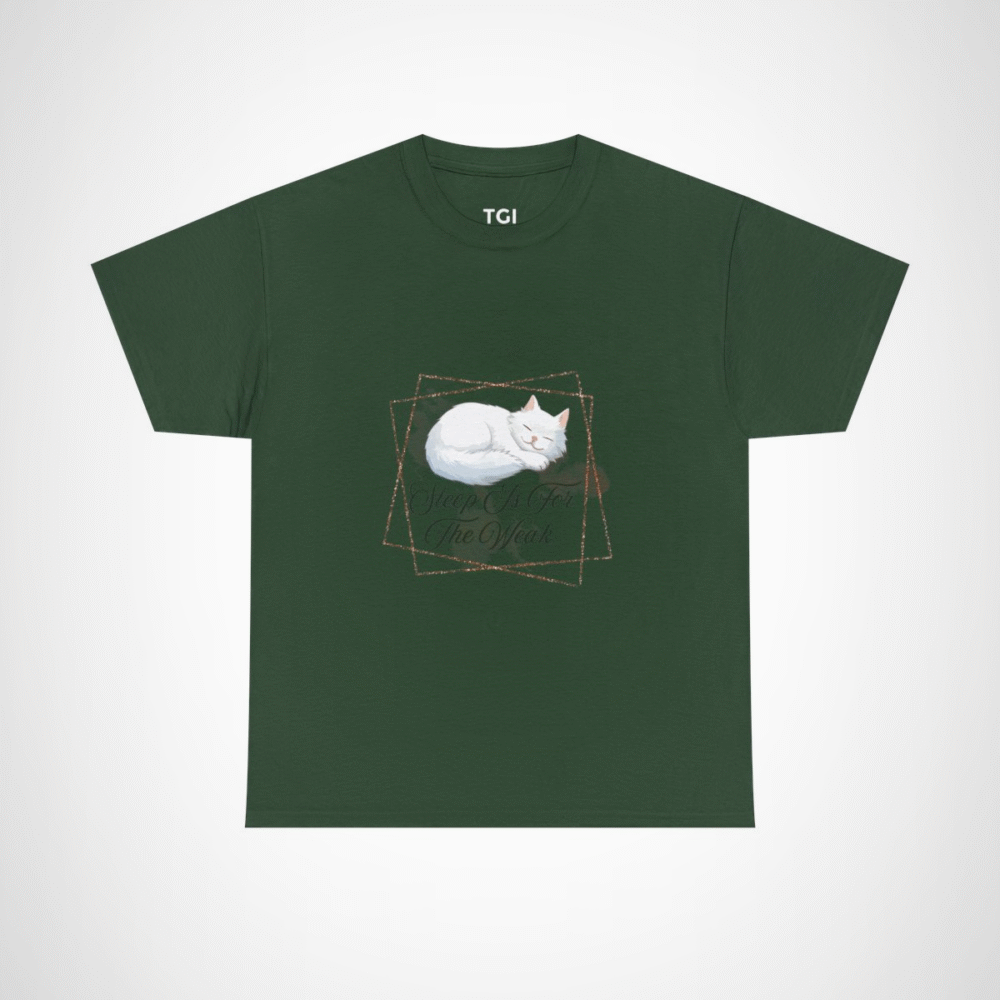 Cute cat sleeping on a t-shirt with the phrase 'Sleep Is For The Weak' for cat lovers Forest Green colour