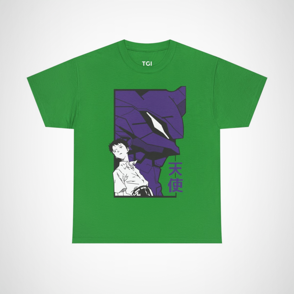 Shinji and Eva Unit-01 artwork on soft fabric t-shirt Irish Green colour