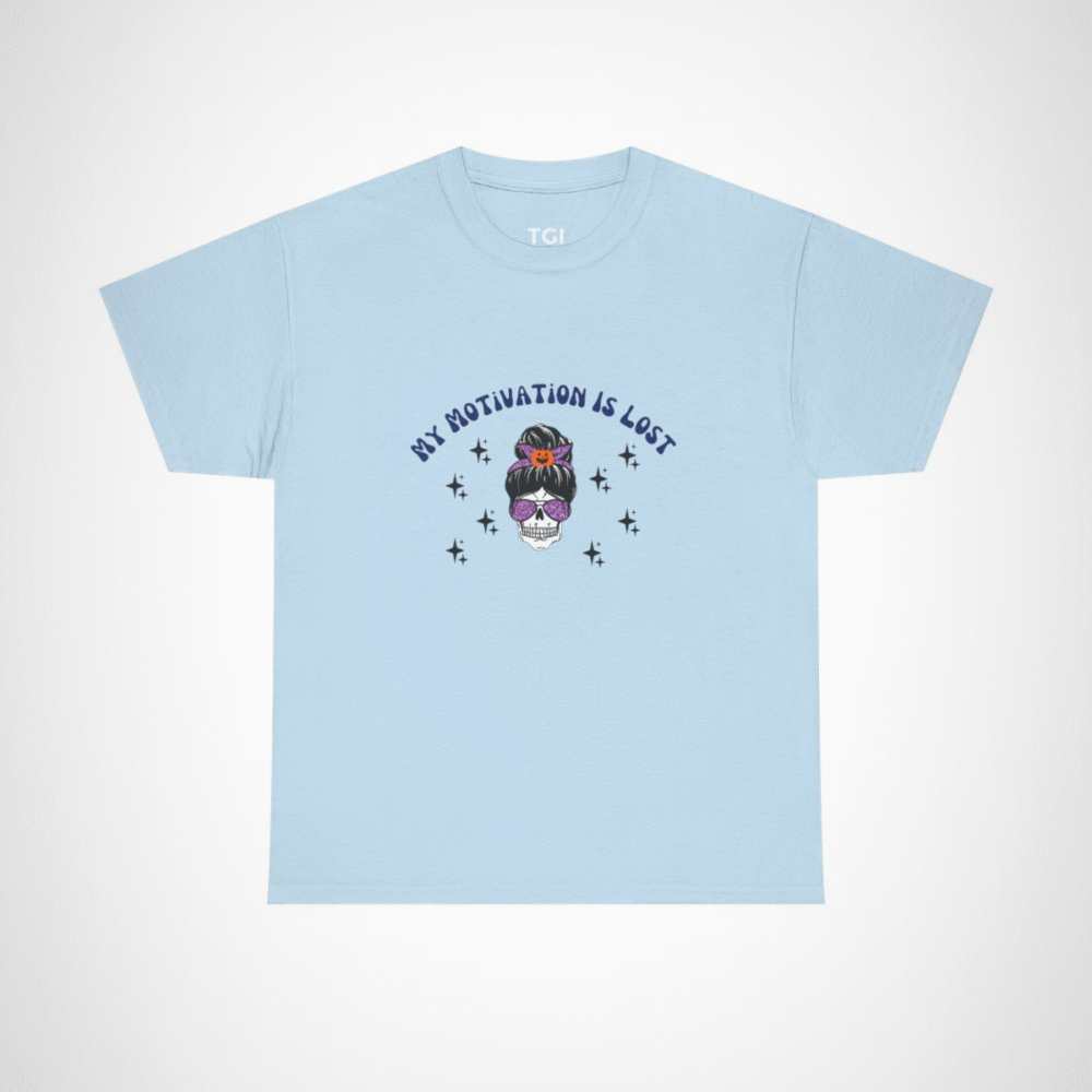 Skull Princess T-Shirt with the phrase My Motivation is Lost Light Blue colour