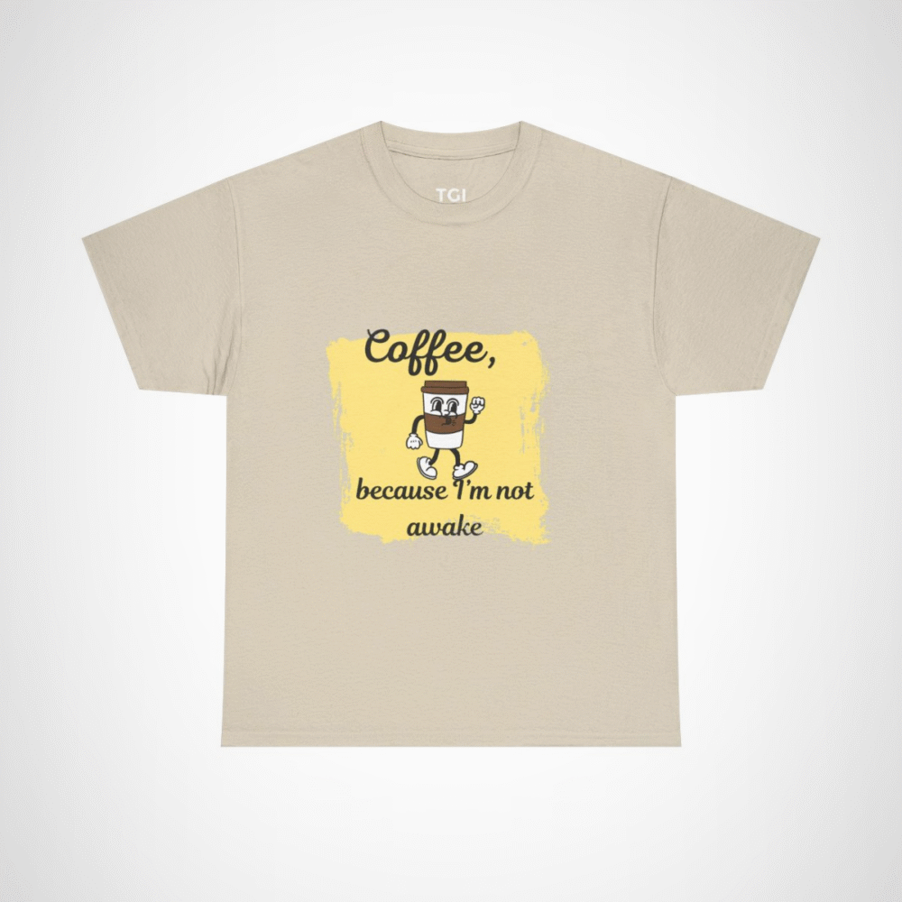 Coffee Lover's Tee with a whimsical coffee cup design Sand colour