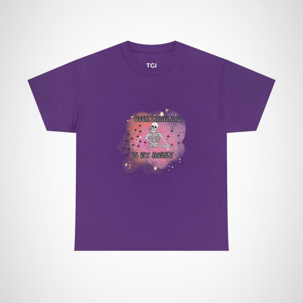 Funny 'Overthinking Is My Hobby' Skeleton T-Shirt for casual wear Purple colour