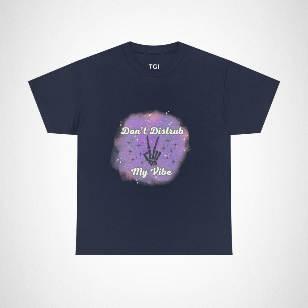 Don't Disturb My Vibe Skeleton Hand T-Shirt with a whimsical design against a watercolor backdrop Navy colour