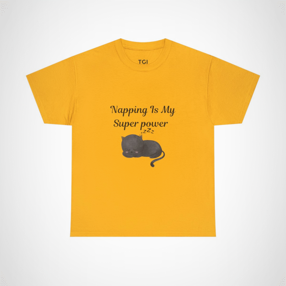Illustration of a sleeping black cat on a t-shirt for cat lovers Gold colour