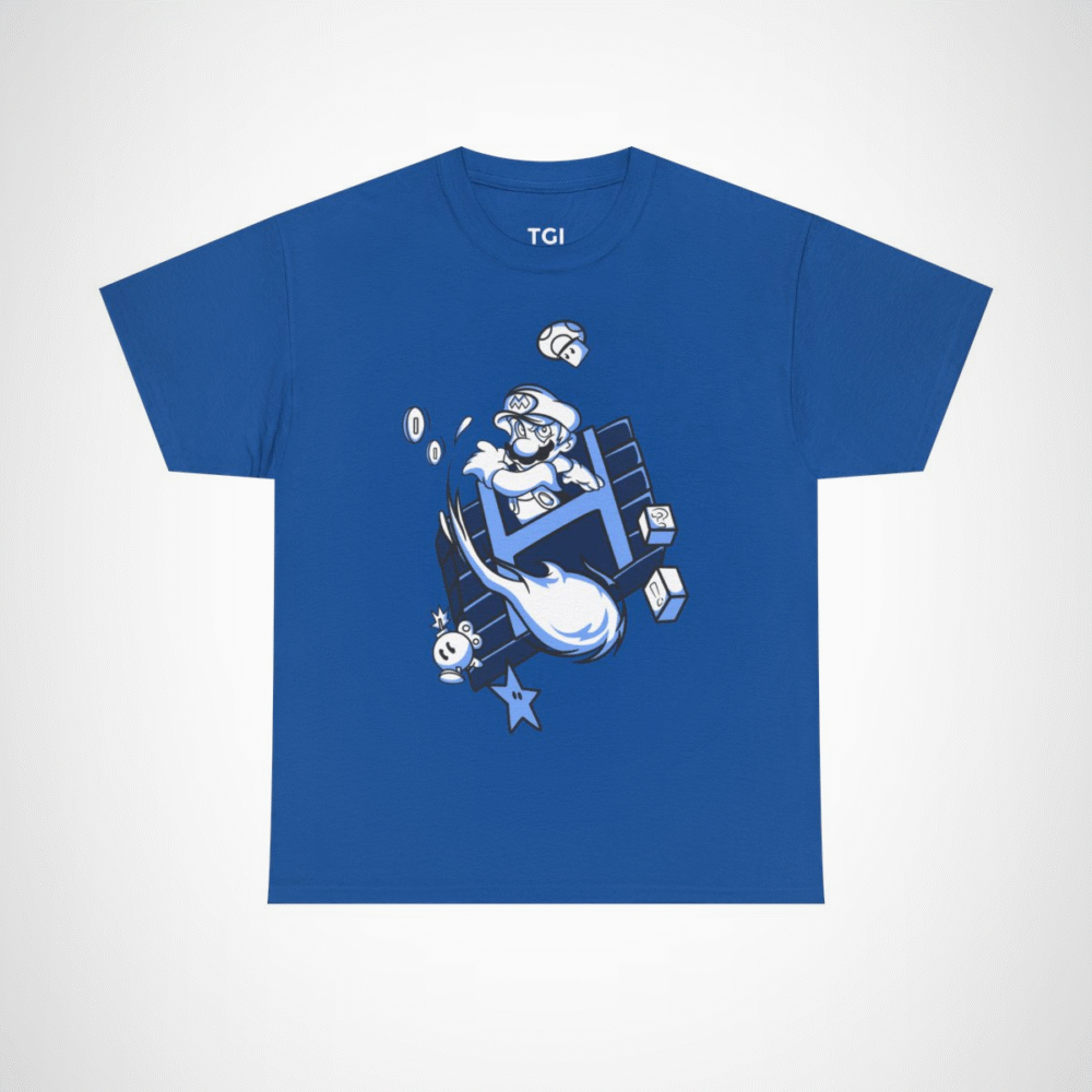 Retro Gamer Mario T-Shirt with vibrant design and gaming elements Royal colour