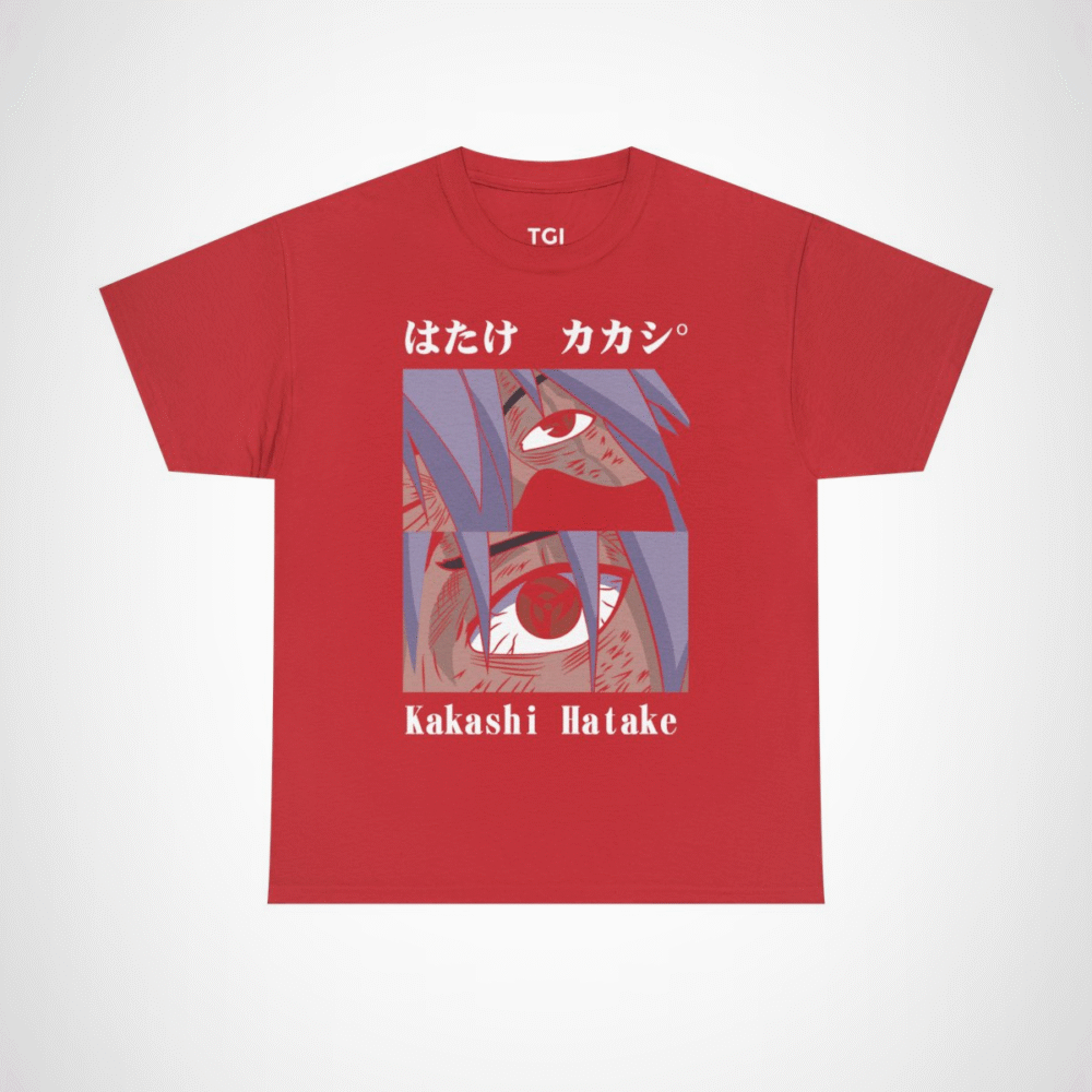 Kakashi Hatake graphic t-shirt featuring iconic character design Red colour