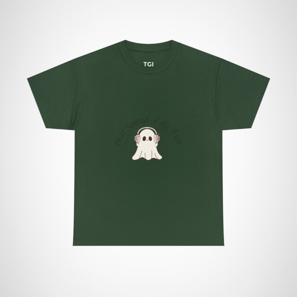Cute Ghost with Headphones t-shirt design for Halloween and music lovers Forest Green colour