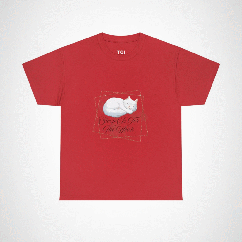 Cute cat sleeping on a t-shirt with the phrase 'Sleep Is For The Weak' for cat lovers Red colour