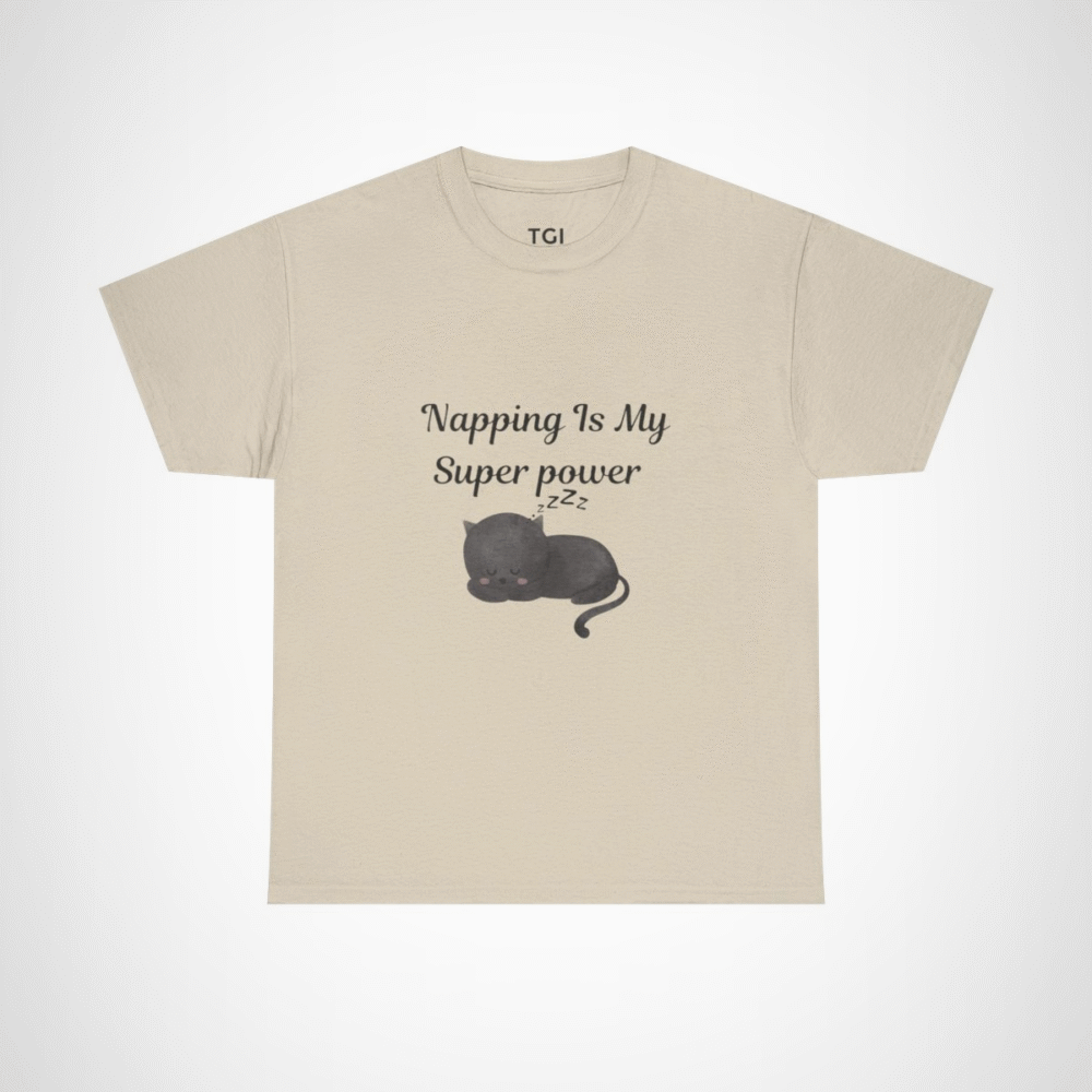 Illustration of a sleeping black cat on a t-shirt for cat lovers Sand colour