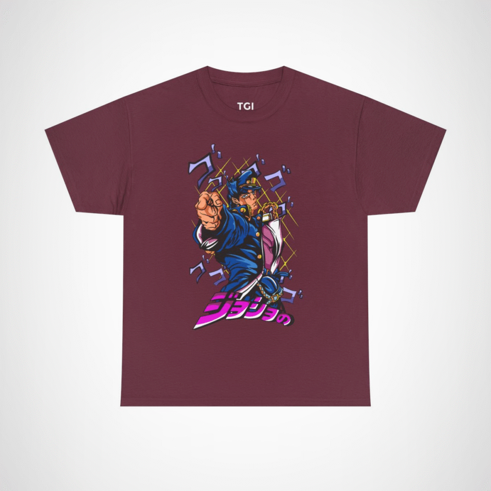JoJo's Bizarre Adventure inspired character t-shirt with dynamic artwork Maroon colour