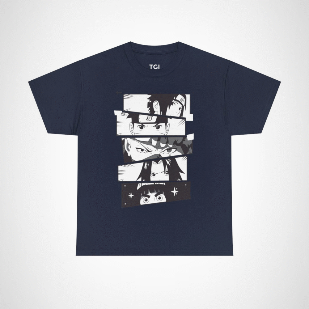 Vibrant anime faces collage on cotton t-shirt Navy colour