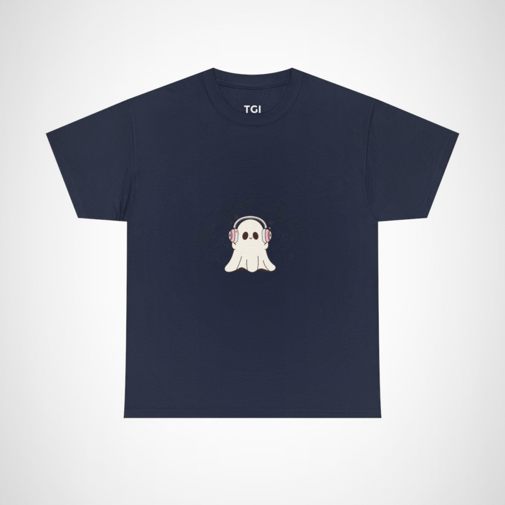 Cute Ghost with Headphones t-shirt design for Halloween and music lovers Navy colour