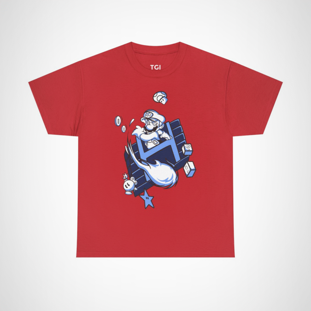 Retro Gamer Mario T-Shirt with vibrant design and gaming elements Red colour