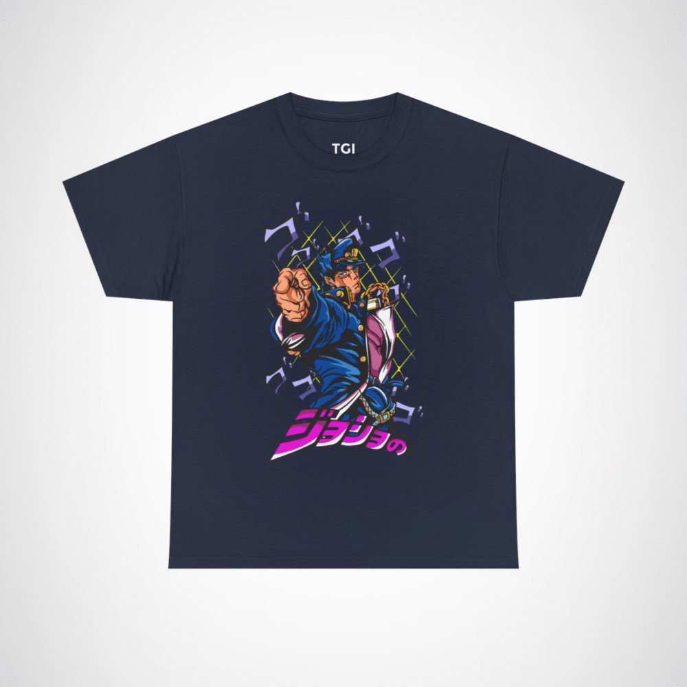 JoJo's Bizarre Adventure inspired character t-shirt with dynamic artwork Navy colour