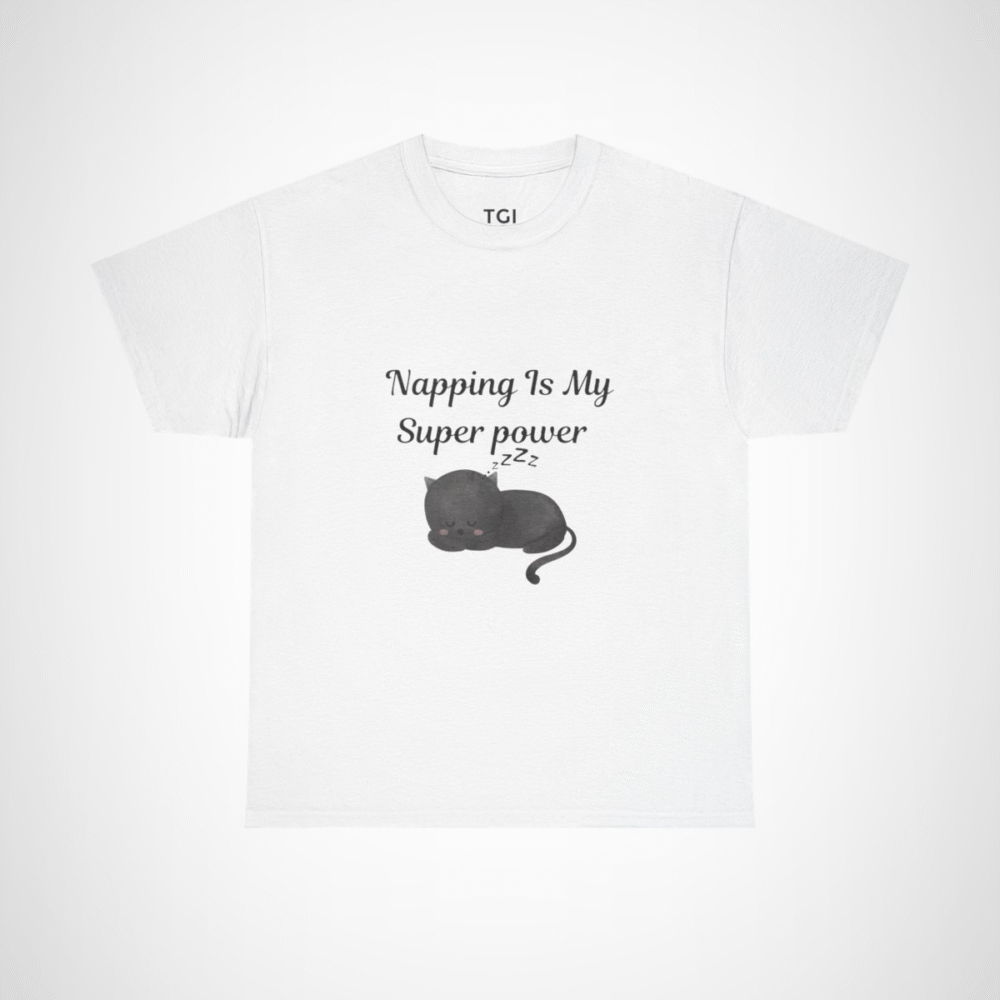 Illustration of a sleeping black cat on a t-shirt for cat lovers White colour