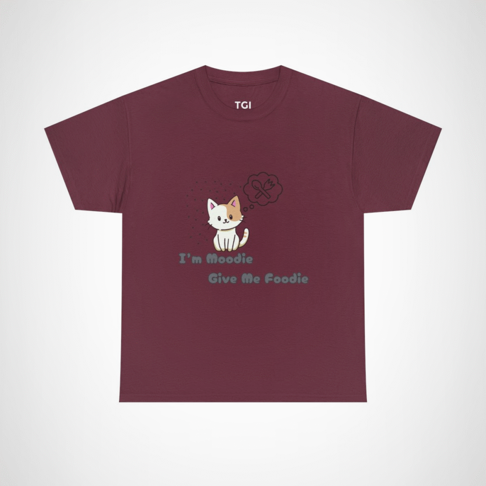 Cute 'I'm Moodie, Give Me Foodie' cat t-shirt for pet lovers, showcasing a playful design and soft fabric Maroon colour