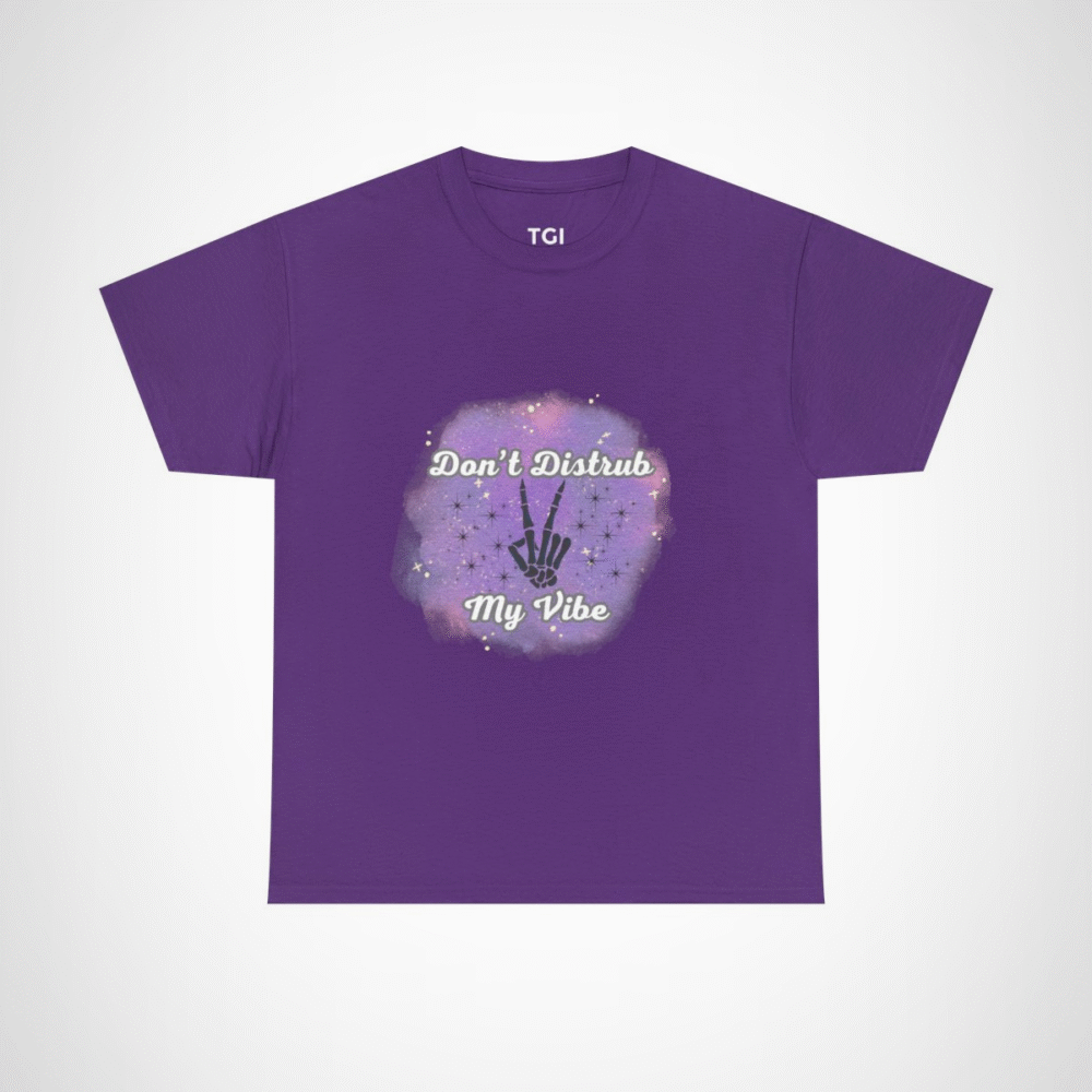 Don't Disturb My Vibe Skeleton Hand T-Shirt with a whimsical design against a watercolor backdrop Purple colour