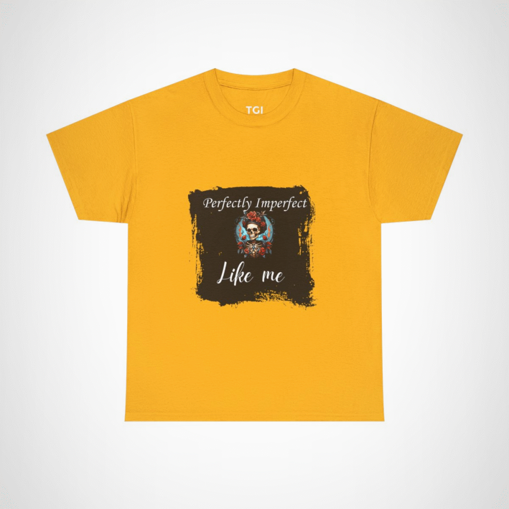 Perfectly Imperfect Skull T-Shirt featuring a skull adorned with roses Gold colour