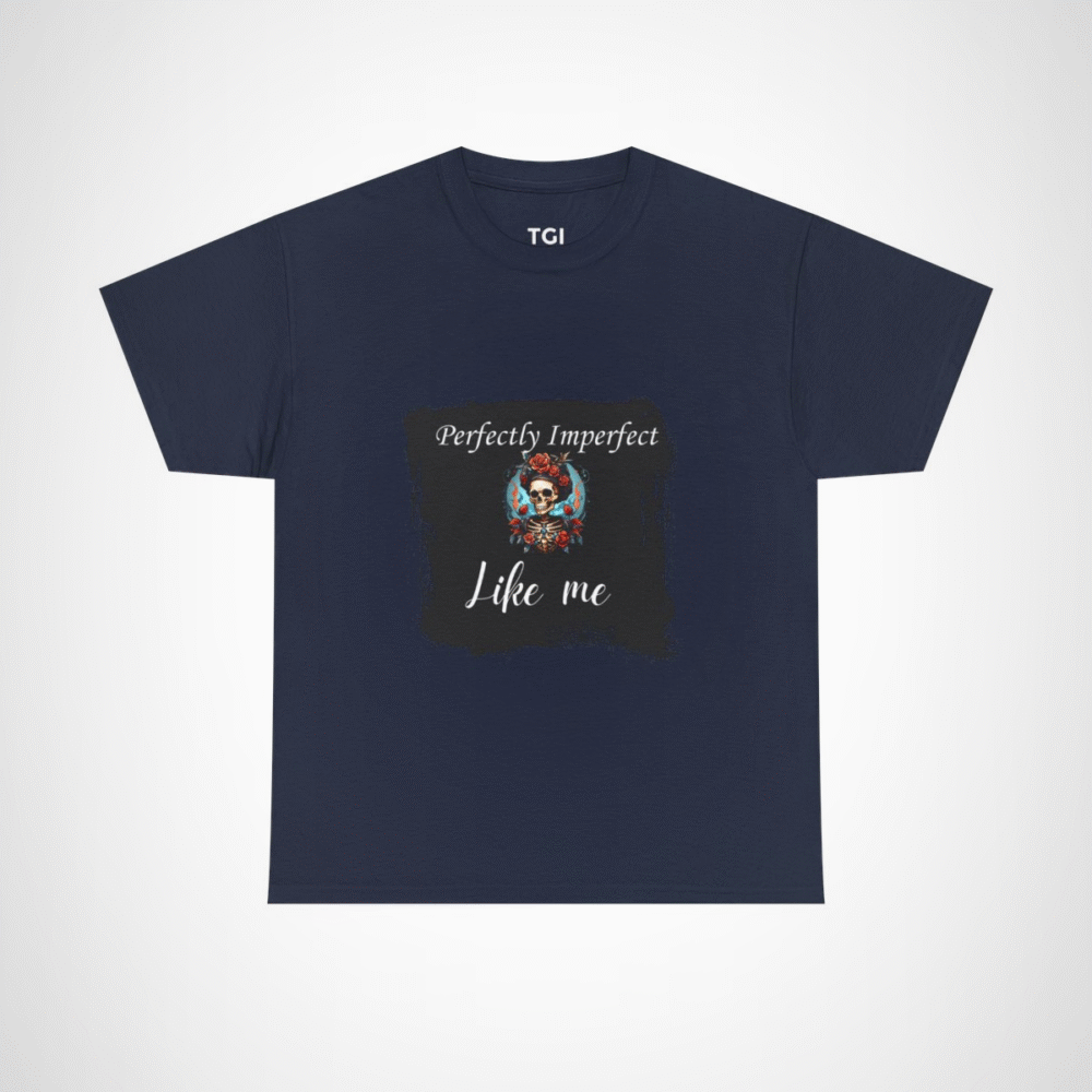 Perfectly Imperfect Skull T-Shirt featuring a skull adorned with roses Navy colour